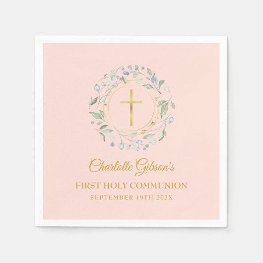 Eerste Heilige Communie Greenery Blush Pink Gold Servet (Voorkant)
