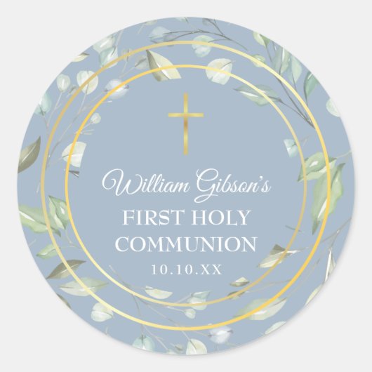 Eerste Heilige Communie Greenery Gold Cross Blue Ronde Sticker (Voorkant)