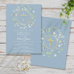 Eerste Heilige Communie Greenery Gold Cross Blue Save The Date<br><div class="desc">Een decoratieve groenery garland en gouden kruis boven je speciale eerste heilige gemeenschap,  behalve de datuminformatie op een stoffige blauwe achtergrond. Op de achterzijde staan een overeenkomende lauriertuin en een kruisje. Ontworpen door: Thisnotme©</div>
