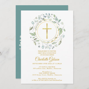 Eerste Heilige Communie Greenery Gold Cross Kaart