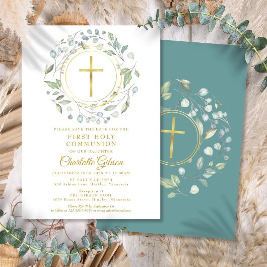Eerste Heilige Communie Greenery Gold Cross Save The Date