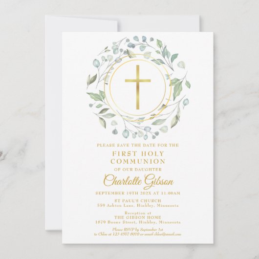 Eerste Heilige Communie Greenery Gold Cross Save The Date (Voorkant)