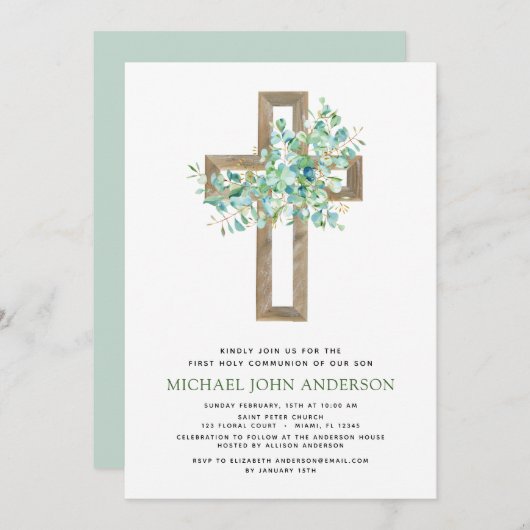 Eerste Heilige Communie Greenery Sage Eucalyptus I Kaart (Voorkant / Achterkant)