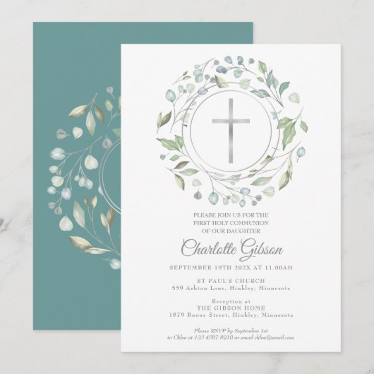 Eerste Heilige Communie Greenery Silver Cross Kaart (Voorkant / Achterkant)