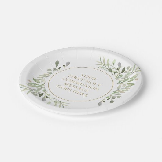 Eerste Heilige Communie Greenery Waterverf Gold Papieren Bordje (Gekanteld)