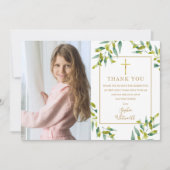 Eerste Heilige Communie groen gebladerte foto Bedankkaart (Voorkant)