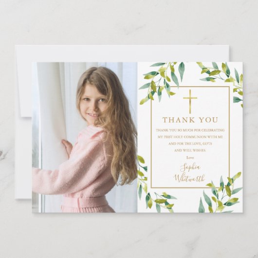 Eerste Heilige Communie groen gebladerte foto Bedankkaart (Voorkant)