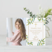 Eerste Heilige Communie groen gebladerte foto Bedankkaart (Staand voorkant)