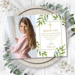 Eerste Heilige Communie groen gebladerte foto Bedankkaart