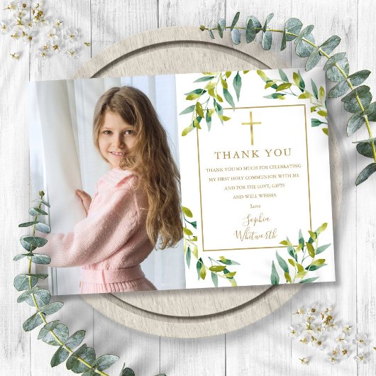 Eerste Heilige Communie groen gebladerte foto Bedankkaart