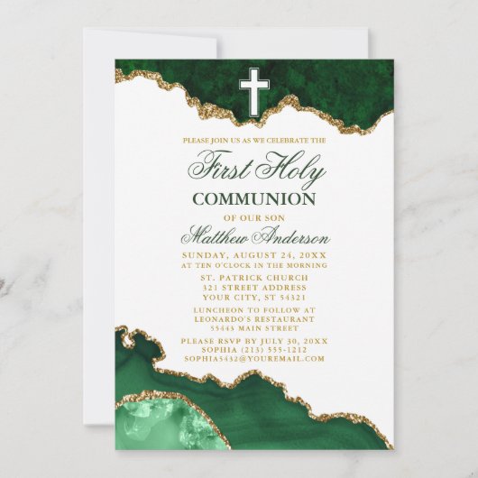 Eerste Heilige Communie Groen Goud Marmer Geode Kaart (Voorkant)