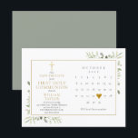 Eerste Heilige Communie groen Save The Date Aankondigingskaart<br><div class="desc">Deze stijlvolle uitnodigingskaart voor de Eerste Heilige Communie bevat een kalender en een mooi gouden liefdeshart dat uw speciale datum benadrukt. Deze kaart kan worden gepersonaliseerd met uw speciale informatie,  met een zilverkleurige saliegroene achtergrond aan de achterzijde. Ontworpen door Thisisnotme©</div>