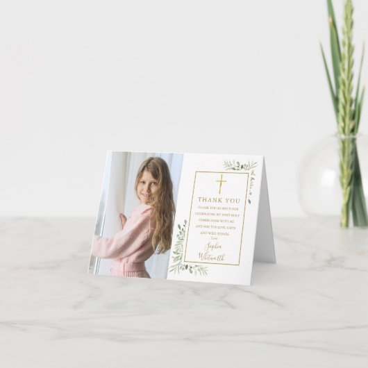 Eerste Heilige Communie Groene Foto Bedankkaart (Voorkant)