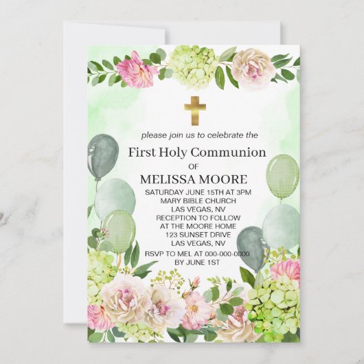 Eerste Heilige Communie Groene Hydrangea Roze Bloe Kaart (Voorkant)