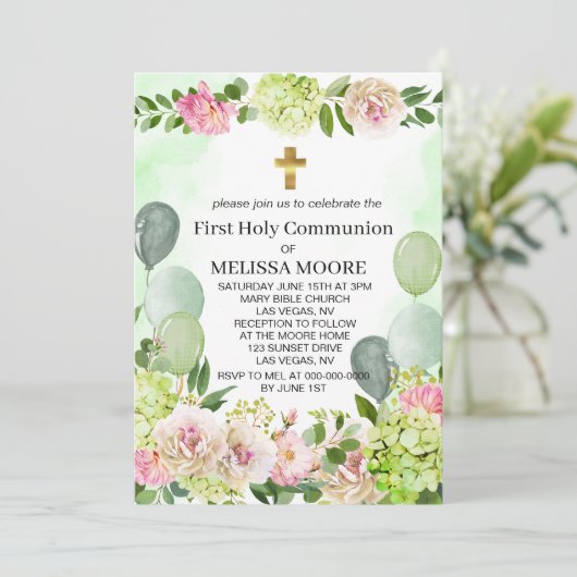 Eerste Heilige Communie Groene Hydrangea Roze Bloe Kaart (Staand voorkant)