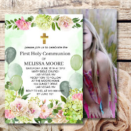 Eerste Heilige Communie Groene Hydrangea Roze Bloe Kaart