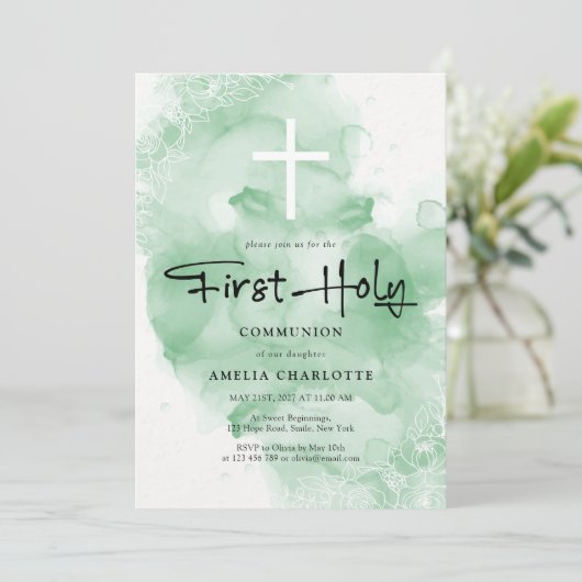 Eerste Heilige Communie Groene Waterverf Kaart (Staand voorkant)