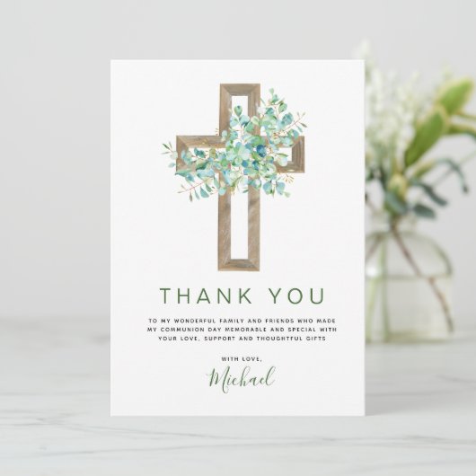 Eerste Heilige Communie Groene Wijze Dank u Kaart (Staand voorkant)