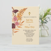 Eerste Heilige Communie Herfst Boho Rustieke Bloem Kaart (Staand voorkant)