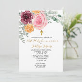 Eerste Heilige Communie Herfst Roze Bourgondië Flo Kaart (Staand voorkant)