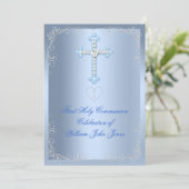 Eerste Heilige Communie jongen zilver blauw Kaart (Staand voorkant)