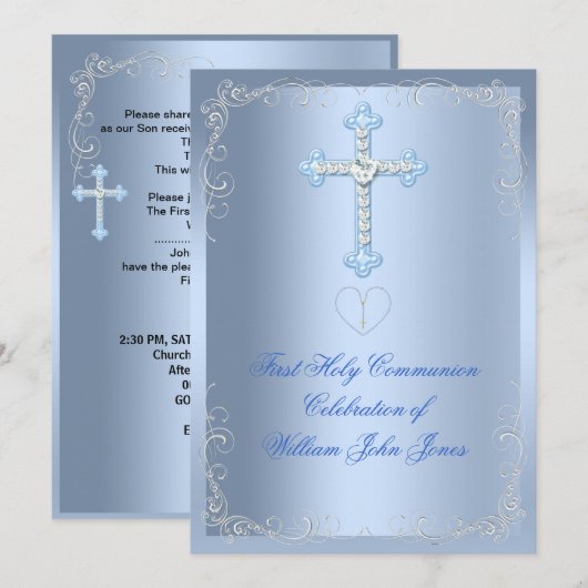 Eerste Heilige Communie jongen zilver blauw Kaart (Voorkant / Achterkant)