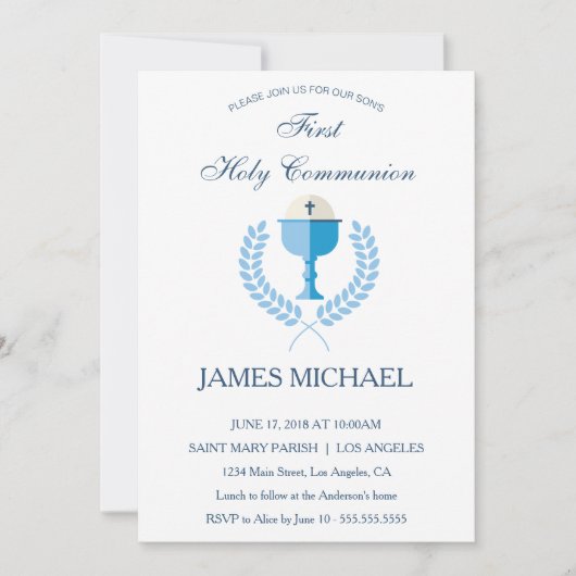 Eerste Heilige Communie Jongens Blauwe Uitnodiging (Voorkant)