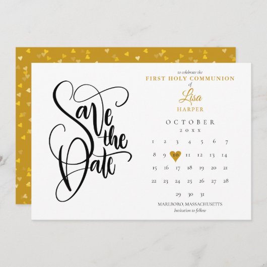 Eerste Heilige Communie Kalender Gouden Hart Save The Date (Voorkant / Achterkant)