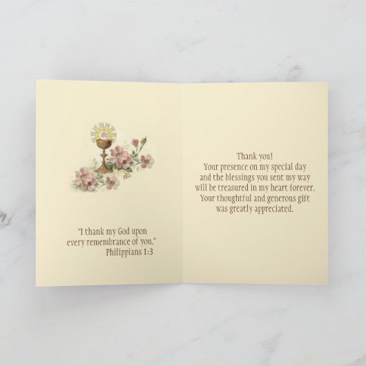 Eerste Heilige Communie Katholieke Bloemen Dank u Bedankkaart (Binnen)