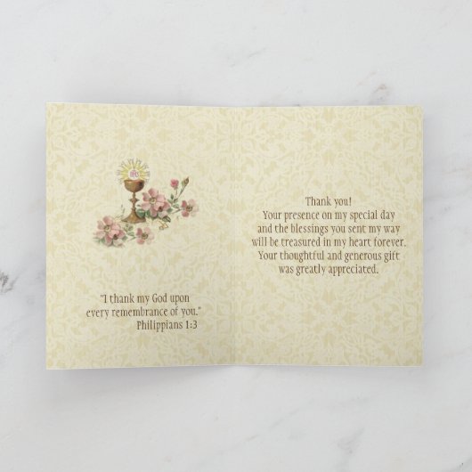 Eerste Heilige Communie Katholieke Bloemen Dank u Bedankkaart (Binnen)