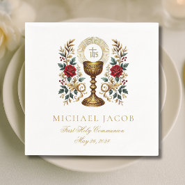 Eerste Heilige Communie Katholieke Kelk Host Rozen Servet