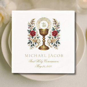 Eerste Heilige Communie Katholieke Kelk Host Rozen Servet