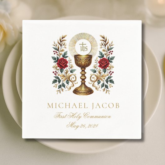 Eerste Heilige Communie Katholieke Kelk Host Rozen Servet
