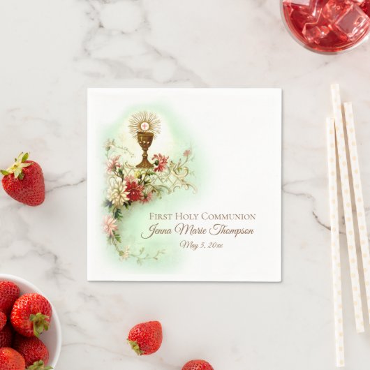 Eerste Heilige Communie Kelk Host Bloemen Antiek Servet (Insitu)