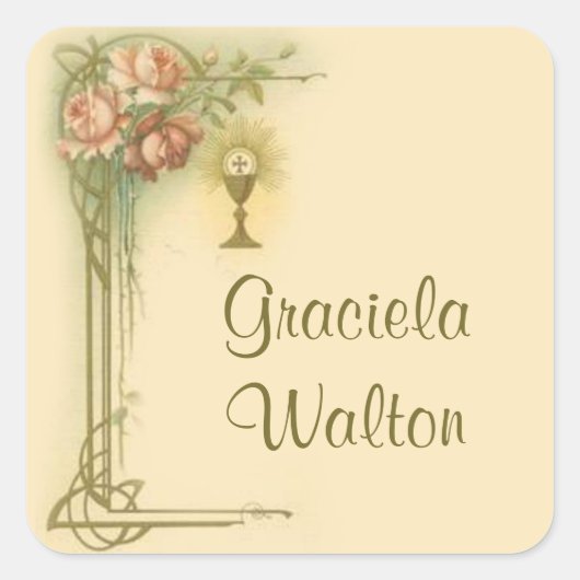 Eerste Heilige Communie Kelk Rozen Herdenking Vierkante Sticker (Voorkant)