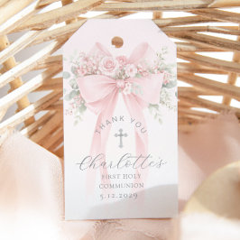 Eerste Heilige Communie Kruis Roze Strik Bedankt Cadeaulabel