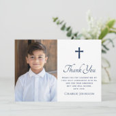 Eerste heilige communie kruisfoto donkerblauw wit bedankkaart (Staand voorkant)