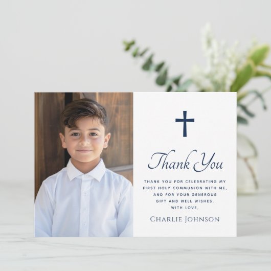 Eerste heilige communie kruisfoto donkerblauw wit bedankkaart (Staand voorkant)