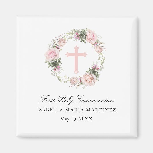 Eerste Heilige Communie Magneet Favor Pink Rose (Voorkant)