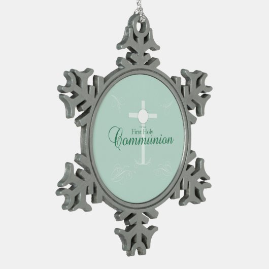 Eerste Heilige Communie, Manuscript in Zacht Groen Tin Sneeuwvlok Ornament (Links)