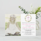 Eerste Heilige Communie Meisje Bloemenkruis FOTO Kaart (Staand voorkant)