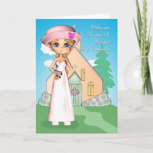 Eerste Heilige Communie Meisje en Kerk Kaart