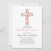 Eerste Heilige Communie Meisje Roze Bloemen Kruis Kaart (Voorkant)