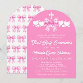 Eerste Heilige Communie Meisje Roze Gingham Strik Kaart