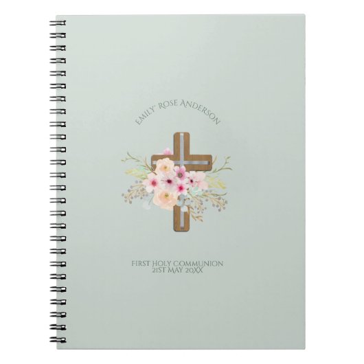 Eerste Heilige Communie meisjes Bloemenkruis Perso Notitieboek (Voorkant)