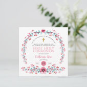 Eerste Heilige Communie Meisjes Roze Florale uitno Kaart (Staand voorkant)