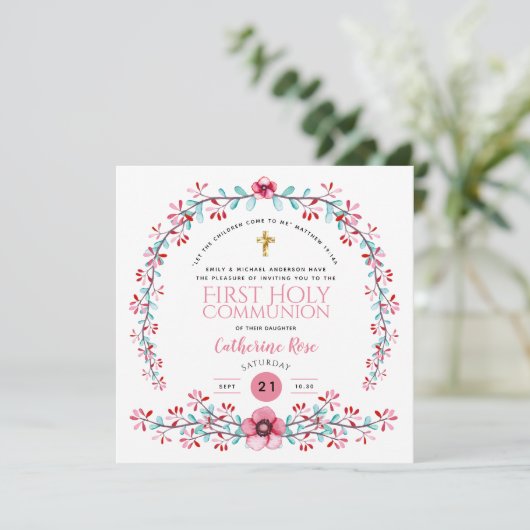 Eerste Heilige Communie Meisjes Roze Florale uitno Kaart (Staand voorkant)