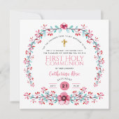 Eerste Heilige Communie Meisjes Roze Florale uitno Kaart (Voorkant)