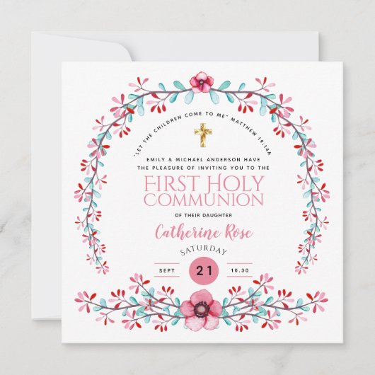 Eerste Heilige Communie Meisjes Roze Florale uitno Kaart (Voorkant)