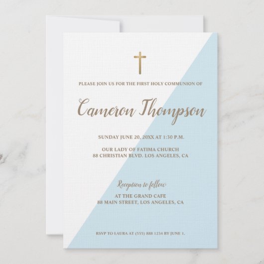 Eerste Heilige Communie Modern Blauw Wit Goud Kaart (Voorkant)